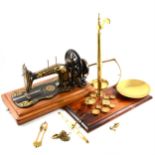 A set of brass beam balance scales, pan marked Martin Redding