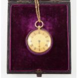 A small 18 carat yellow gold open face pocket watch and neck chain.