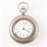 A white metal open face fob watch