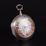 A silver pair case pocket watch with coloured enamel dial.
