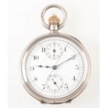 A silver open face chronograph pocket watch.