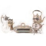 Quantity of silver plated ware, including decanter stand, spirit kettle on stand, etc