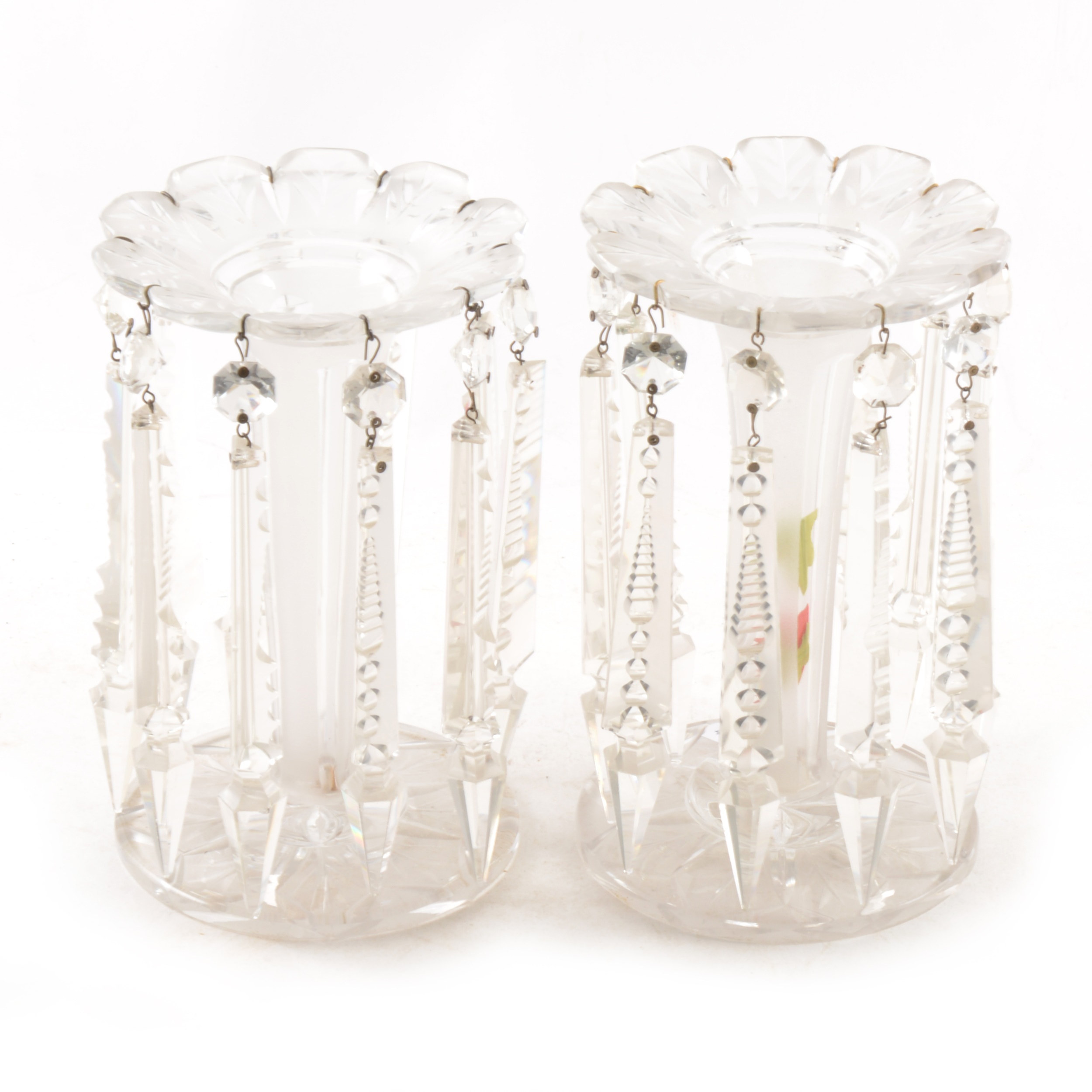 A pair of Victorian frosted glass lustres