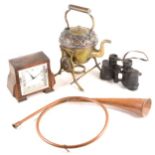 A quantity of copper and brassware, binoculars, postal scales. etc