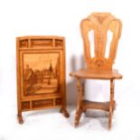A contemporary craftsman made oak single chair and similar inlaid fire-screen