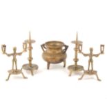 Three pairs of Gothic style cast brass candlestands, etc.