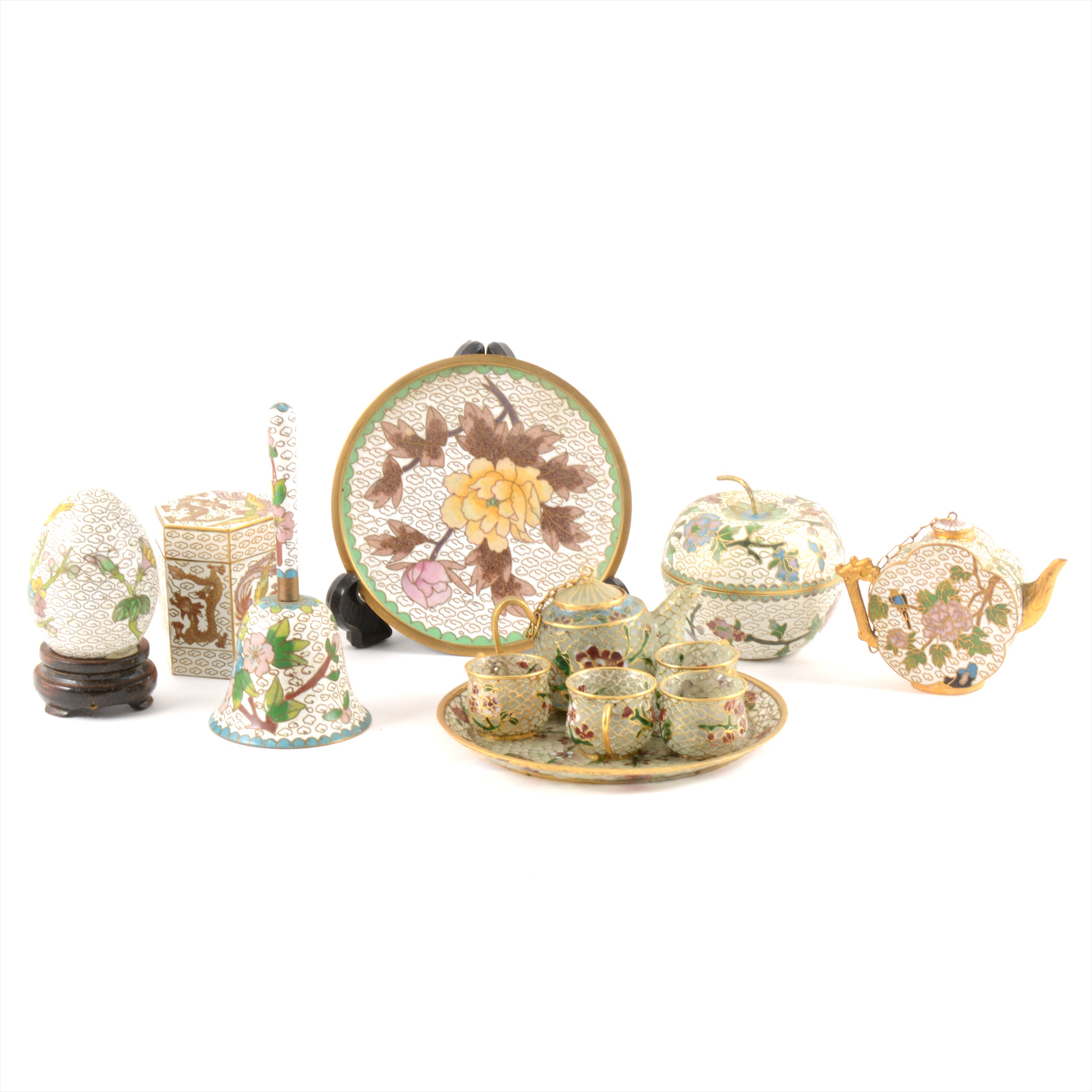 A collection of small cloisonné items and a miniature plique-à-jour teaset
