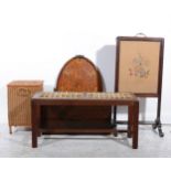 An Edwardian inlaid satinwood oval tea tray, cheval screen, etc