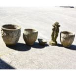 Pair of concrete planters, another larger planter, and bird bath base and non matching top.