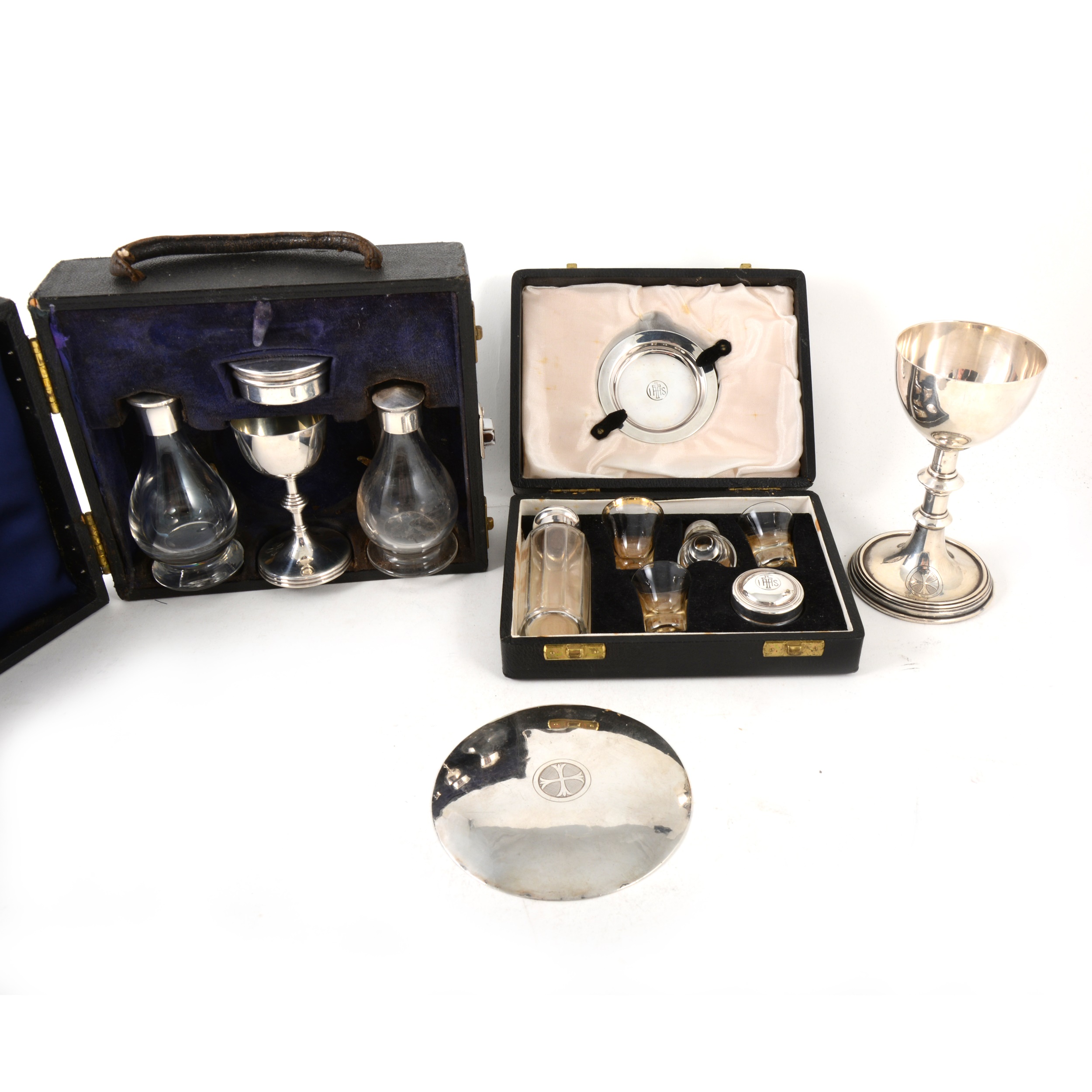 Two travelling communion sets, one silver, the other plated, and another paten and chalice. - Image 5 of 5