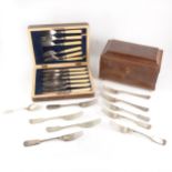 A small selection of silver-plated cutlery, mahogan tea caddy, hand tools, etc