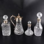 Three silver mounted crystal decanters, a silver tray, and cut-crystal and plated mounted claret