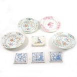 A Chinese famille rose plate, another Chinese plate, and other tableware