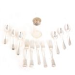 A collection of mixed silver-plated cutlery Fiddle and Old English Pattern, glass caster.