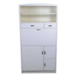 A white-painted utility kitchen cabinet