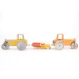 Three vintage cast metal models; two Jumbo Toys road rollers, 23cm, and one Fun Ho! toy tipper