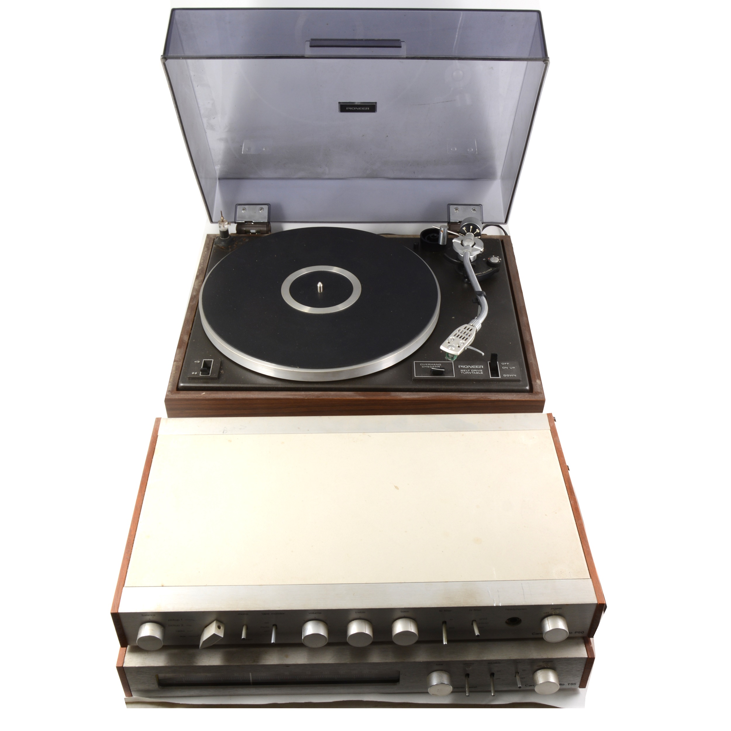 Audio equipment; A PL-12D Pioneer turntable, P50 Cambridge Audio stereo amplifier, T45 Cambridge