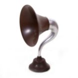 A 1920s BTH British Thompson Houston swan neck speaker horn, with Bakelite base and aluminium neck,