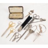 A French cased sewing set by Tahan and other sewing items.