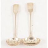 Two silver sugar sifting spoons, Exeter, plain Old English design.