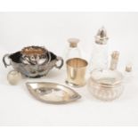 A box of mixed silver and plated wares, match striker, cologne bottle, powder bowl.