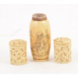 Two small Cantonese carved ivory cylindrical boxes,