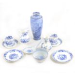 A collection of blue and white ware, including a Maling printware vase