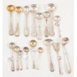 Four large silver salt spoons and thirteen others, traditional patterns,