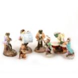 Four Sitzendorf porcelain Frog musicians, two Monkey musicians, and another