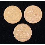 Three gold half Sovereign coins, 1894, 1901 and 1910.