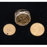 A George V gold half Sovereign, mounted as a ring, another half Sovereign and a Napoleon III 5