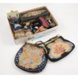 A mid 19th century woolwork and metal glove box, a collection of vintage fabric pin cushions.