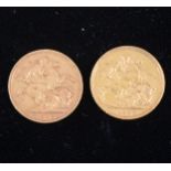 Two Victorian gold Sovereign coins, 1892 and 1893.