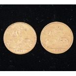 A Victorian gold half Sovereign coin, 1893 and a George V gold half Sovereign coin, 1911, (2).