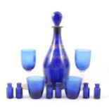 Early 19th Century Bristol blue glass Brandy decanter, plus glasses, tumblers and miniature phials