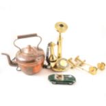 Brass candlestick telephone with press button dial, three oil lamps, a Stobart lorry etc. and a