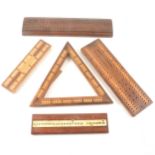 Edwardian wood Crib board of triangular form, three others and a billiard counter.