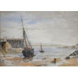 Walter William May - boats in a harbour, watercolour, 16cm x 22cm.