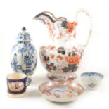 Amherst Stone China jug, a porcelain teabowl, a Chinese blue and white porcelain covered jar...