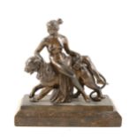 A fine 19th Century bronzed group of a maiden resting on the back of a lion.
