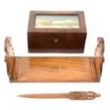 A Sorrento olive wood fold down expanding book rack, oak box, olive wood bowl.