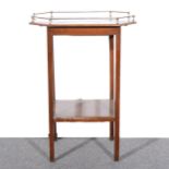 An oak occasional table with chrome gallery, and a mahogany occasional table