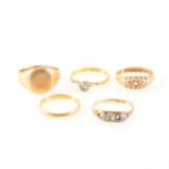 Two 22 carat yellow gold rings, two 18 carat yellow gold rings and one other ring