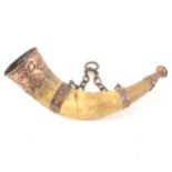 Copper and metal mounted horn bugle, 32cm with hanging chain.