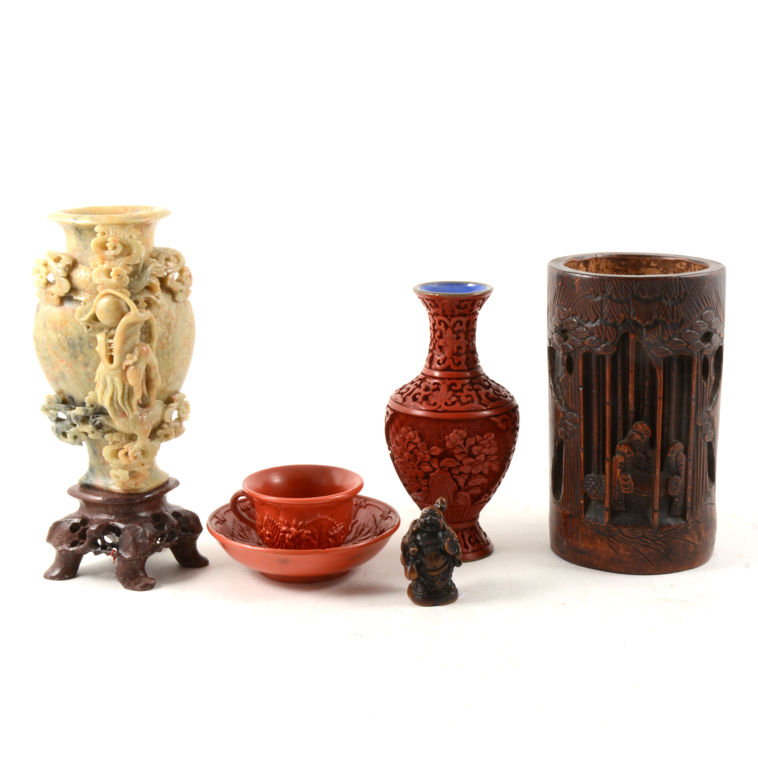 Chinese carved bamboo brush pot, 17cm; and other Chinese contemporary objects.