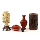 Chinese carved bamboo brush pot, 17cm; and other Chinese contemporary objects.