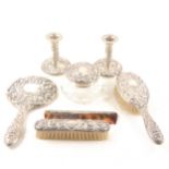 A seven piece silver dressing table set.