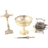 A large Chinese brass charger, silver plated teaset, and other metalware