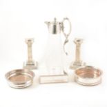 A quantity of silver-plate and other metal ware, including claret jug, candlesticks, spoons, and