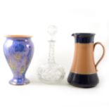 A Wedgwood Hummingbird lustre vase, (damaged), a Doulton stoneware jug and a cut crystal glass